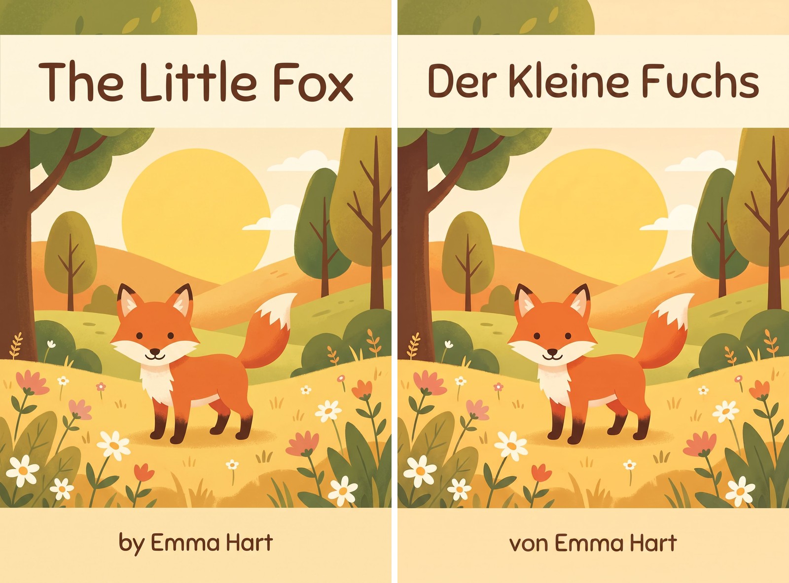 Before and after of a picture book cover with a clean title on a coloured background: the English original on the left, the German edition on the right with the title replaced in the same style and position.
