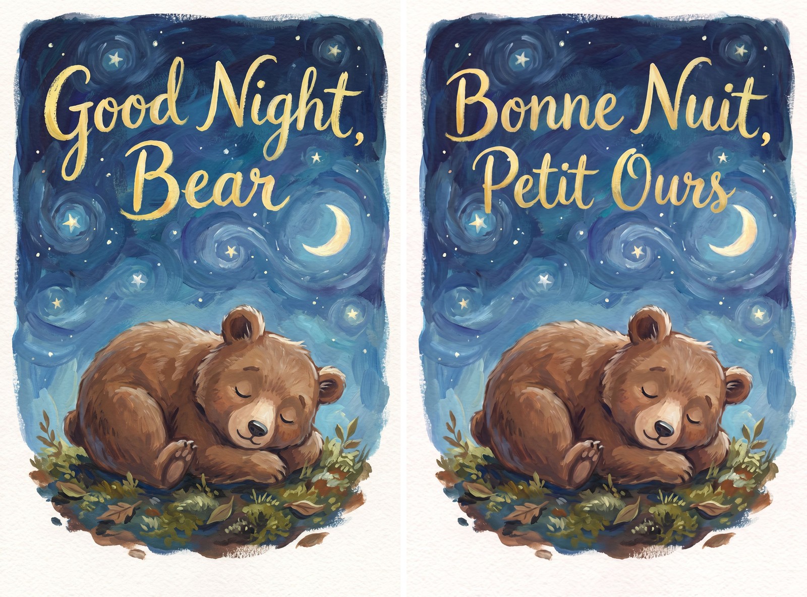 Before and after of a cover with a hand-lettered, painterly title: the English original next to the French edition, where the new title matches the brush style, colour, and curve of the original lettering.