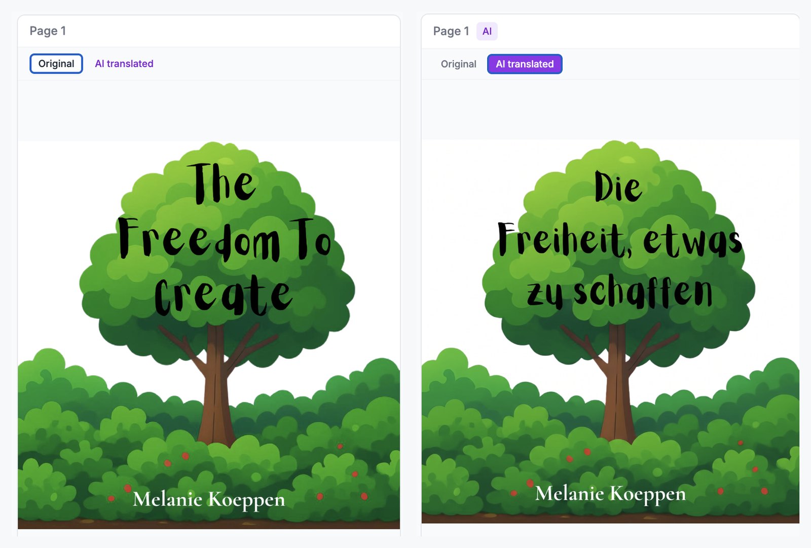 The review card for a picture book cover, shown twice: on the left the Original tab is selected and the cover reads "The Freedom To Create" in English; on the right the AI translated tab is selected and the same cover reads "Die Freiheit, etwas zu schaffen" in German, with the tree, the hedge, the hand-lettered style and the author name unchanged.