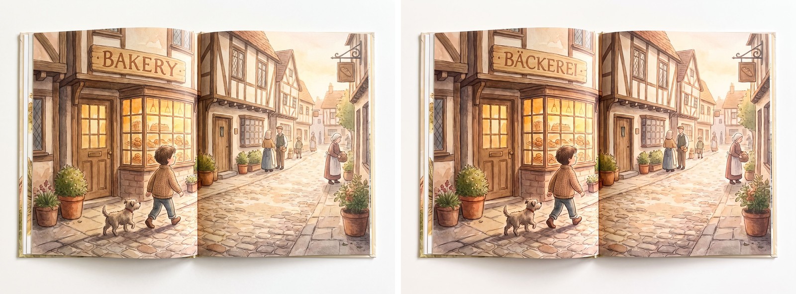 Before and after of an interior spread where a painted wooden shop sign reading BAKERY in the English original reads BACKEREI in the German edition, with the wood texture, lettering style, and the whole watercolour street scene preserved.