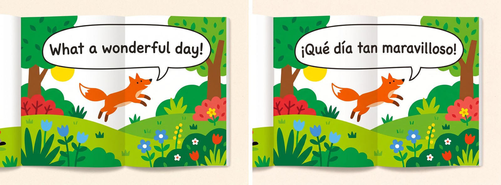 Before and after of a speech bubble spread: the fox's short English exclamation on the left, the longer Spanish line on the right, reflowed to fit the same bubble.