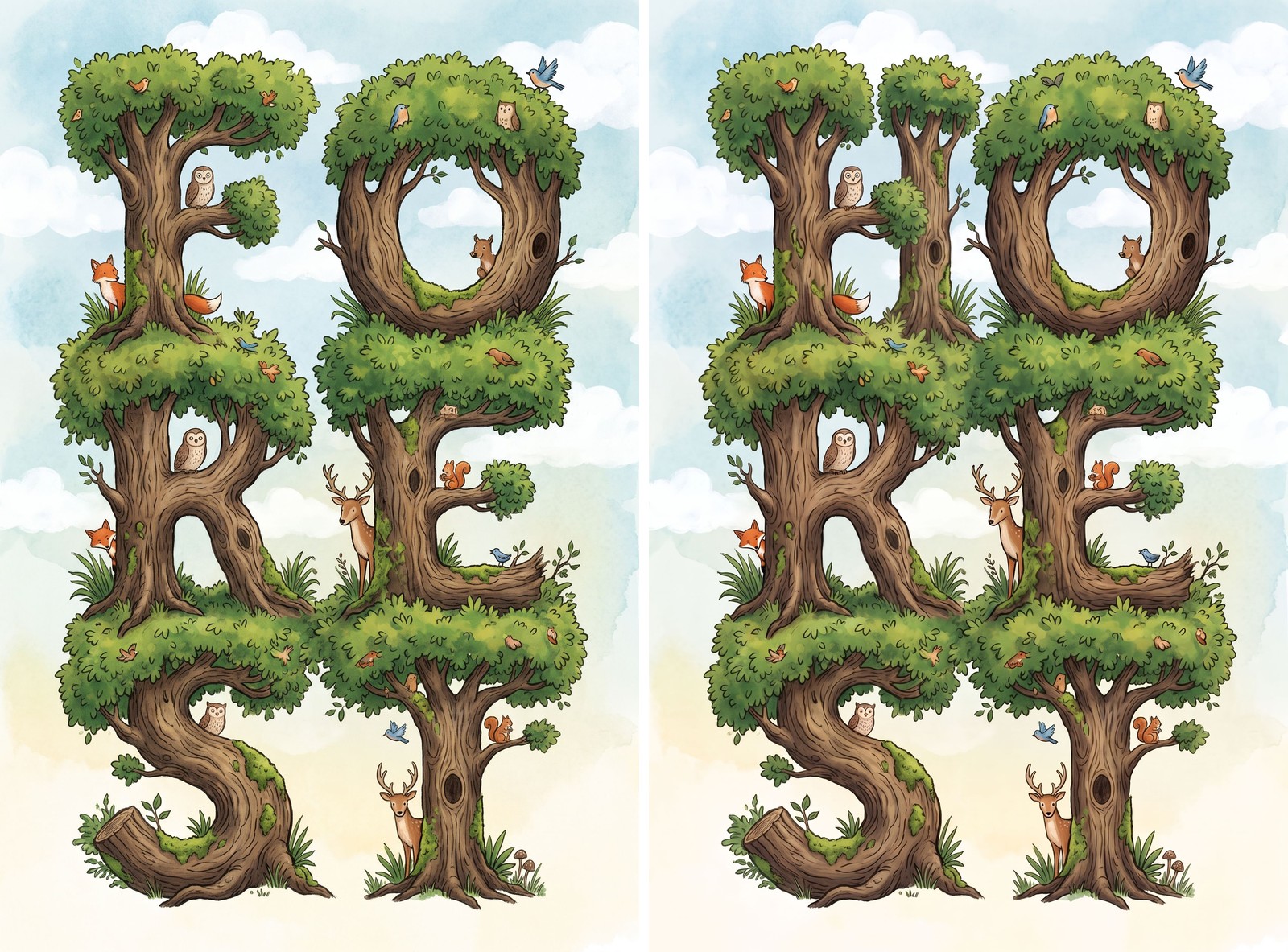 Before and after of a cover where the title lettering is part of the artwork: the word FOREST drawn so each letter is a tree, next to the AI's attempted translation, where the tree-letters no longer spell a real word. The design idea does not survive the word change.